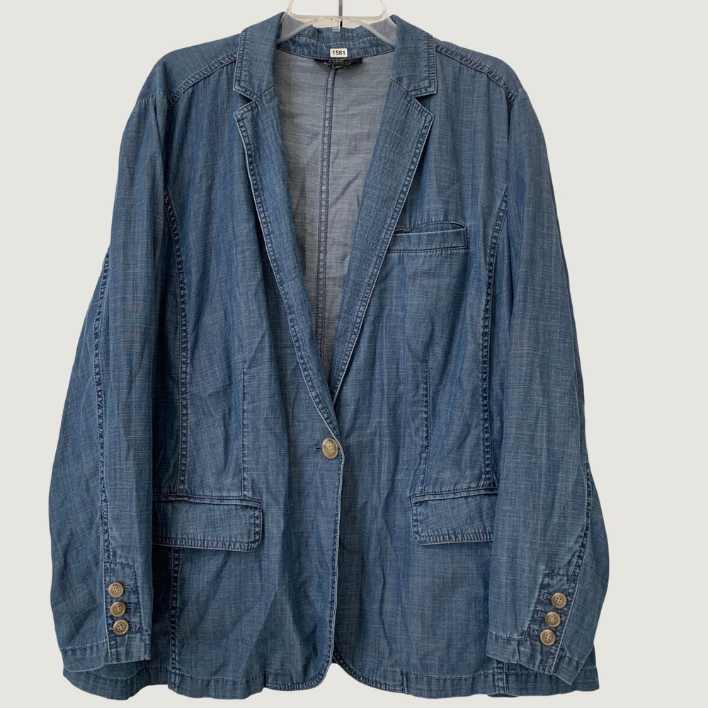 Talbots Single Button Denim Blazer Women 3X Blue Linen Blend Chambray Jacket